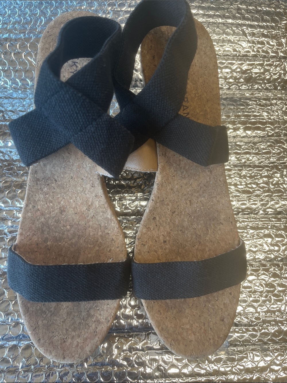 Lucky Brand Black Cork Footbed Sandals with Crisscross Straps